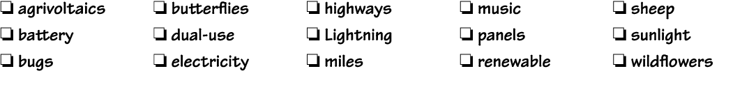 ❏ agrivoltaics ❏ battery ❏ bugs ❏ butterflies ❏ dual use ❏ electricity ❏ highways ❏ Lightning ❏ miles ❏ music ❏ panel...